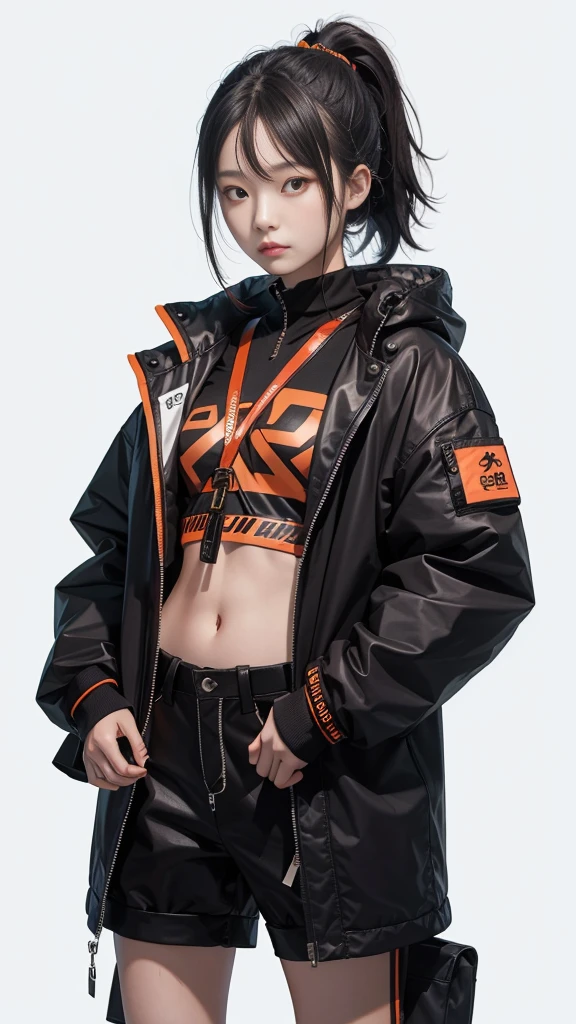 An 18 year old Korean teenage girl, Douyin, wears cool cyberpunk style clothes in variations of black and orange, posing while carrying a katana, on a white background.