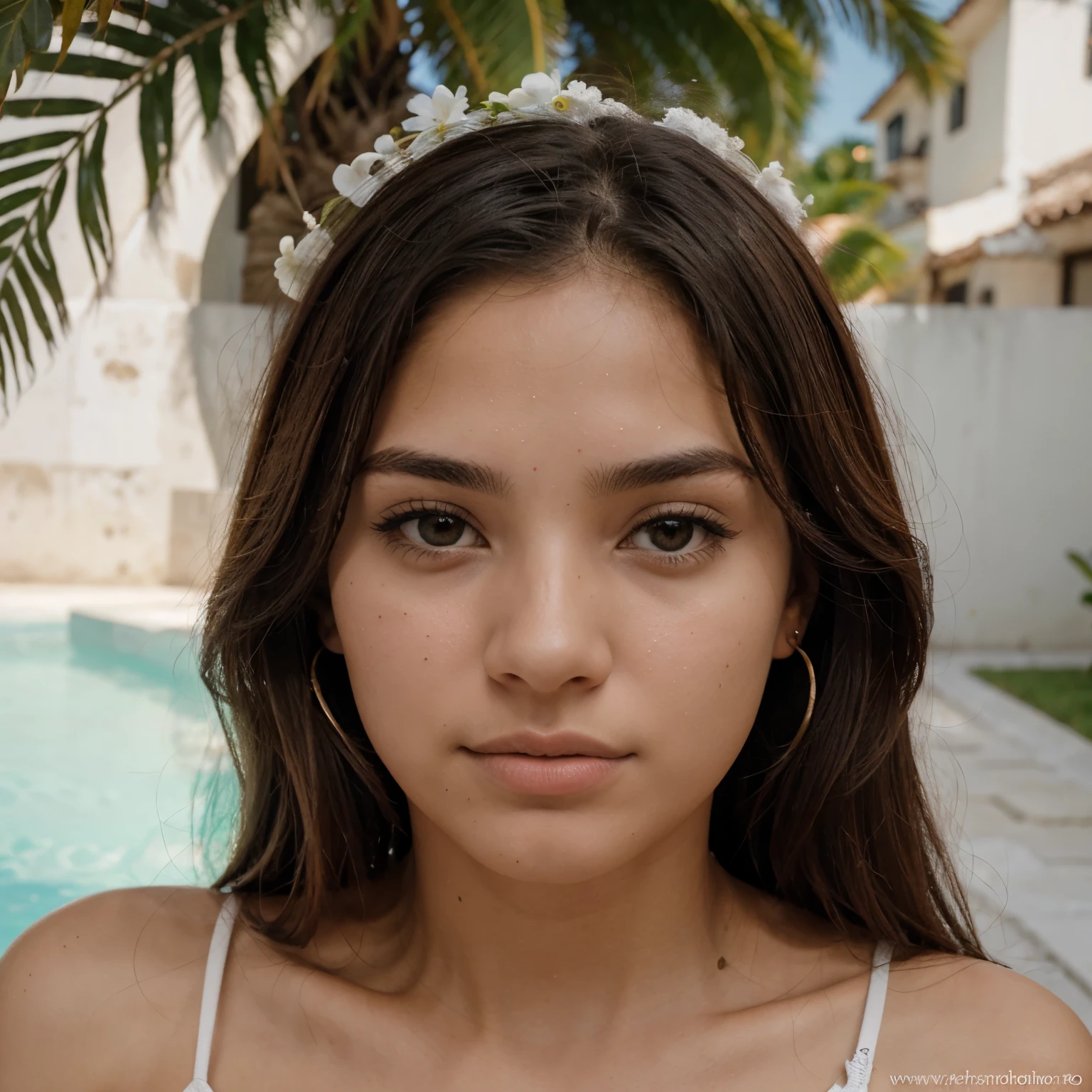 Uma de 15 anos,baixa, morena,com cabelos ondulados e com rosto jovem olhando para o namorado. O namorado um pouco alto branco,and with a flawless face