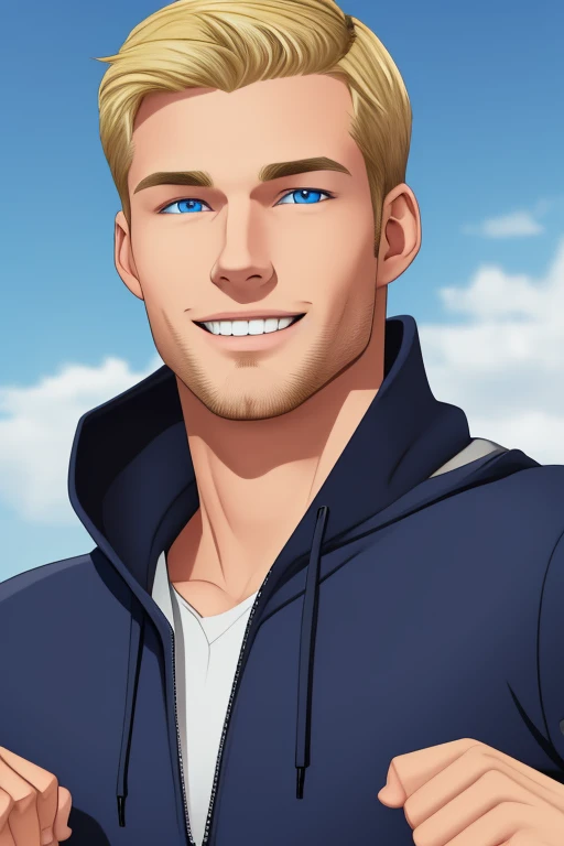 image of a handsome 6'6ft tall Caucasian man, with blonde hair and blue eyes. He has a warm smile. Has a very muscular body, like a strongman. Wearing a dark blue hoodie, black cargo pants, and sneakers. in a cartoon style