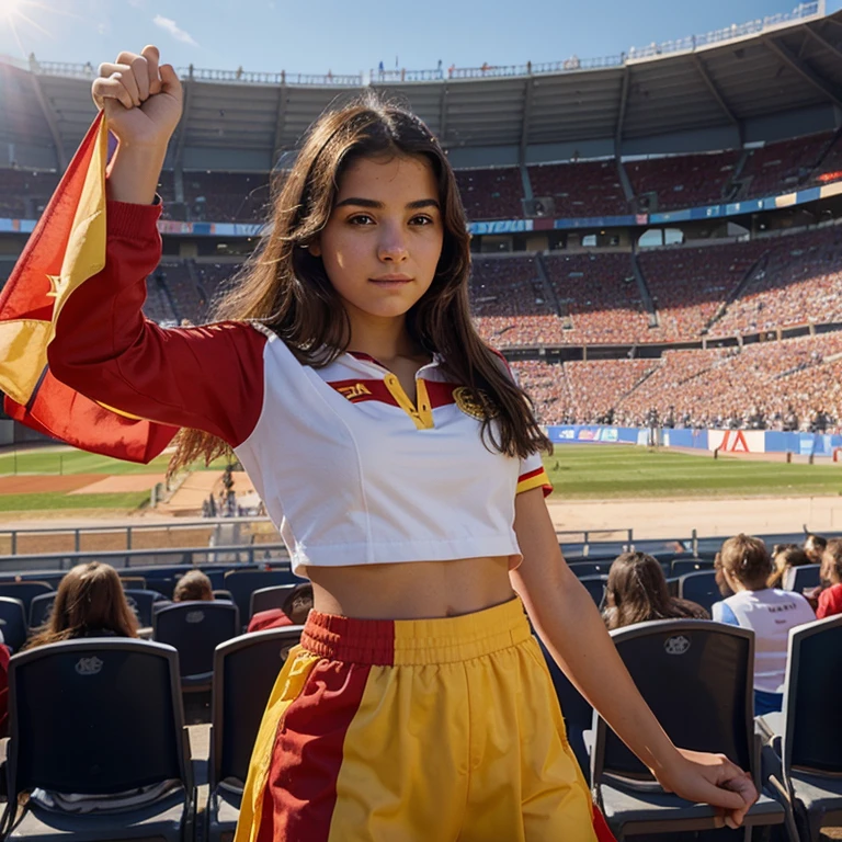 Photorealistic drawing of a young 16 year old Spanish nationalist girl named isabella, wearing a nationalist uniform, cheering, looking down towards the arena from the stands, Spanish flags waving in the breeze. 