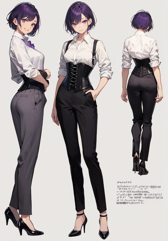 Purple hair,short cut hair,Adult female,Bartender,,((Rolling up your sleeves shirt)),(Corset),(slacks),(slit),High heels,((Simple background)),Smile,((Full body)),((whole body)),Character Sheet,