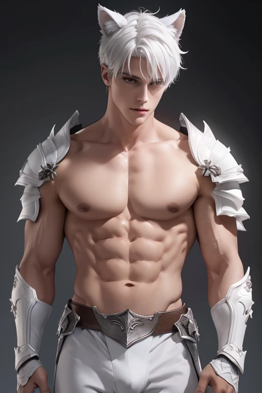 Full full Body photorealistic 4k, high resolution, best quality, masterpiece, perfect color, perfect shade, perfect lighting, Posted by e621, ((portrait)), ((handsome man)), perfect male figure, Short hair details，chest muscles，abdominal muscles，Naked torso，Detailed face, perfect face, (stood up), Detailed background, ((Bonifasco Lighting)), (delicate eyes),((white armor)),((animal ears)),white hair