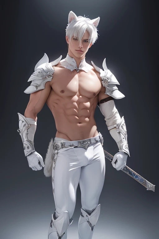 Full full Body photorealistic 4k, high resolution, best quality, masterpiece, perfect color, perfect shade, perfect lighting, Posted by e621, ((portrait)), ((handsome man)), perfect male figure, Short hair details,chest muscles,abdominal muscles,Naked torso,Detailed face, perfect face, (stood up), Detailed background, ((Bonifasco Lighting)), (delicate eyes),((white armor)),((animal ears)),white hair