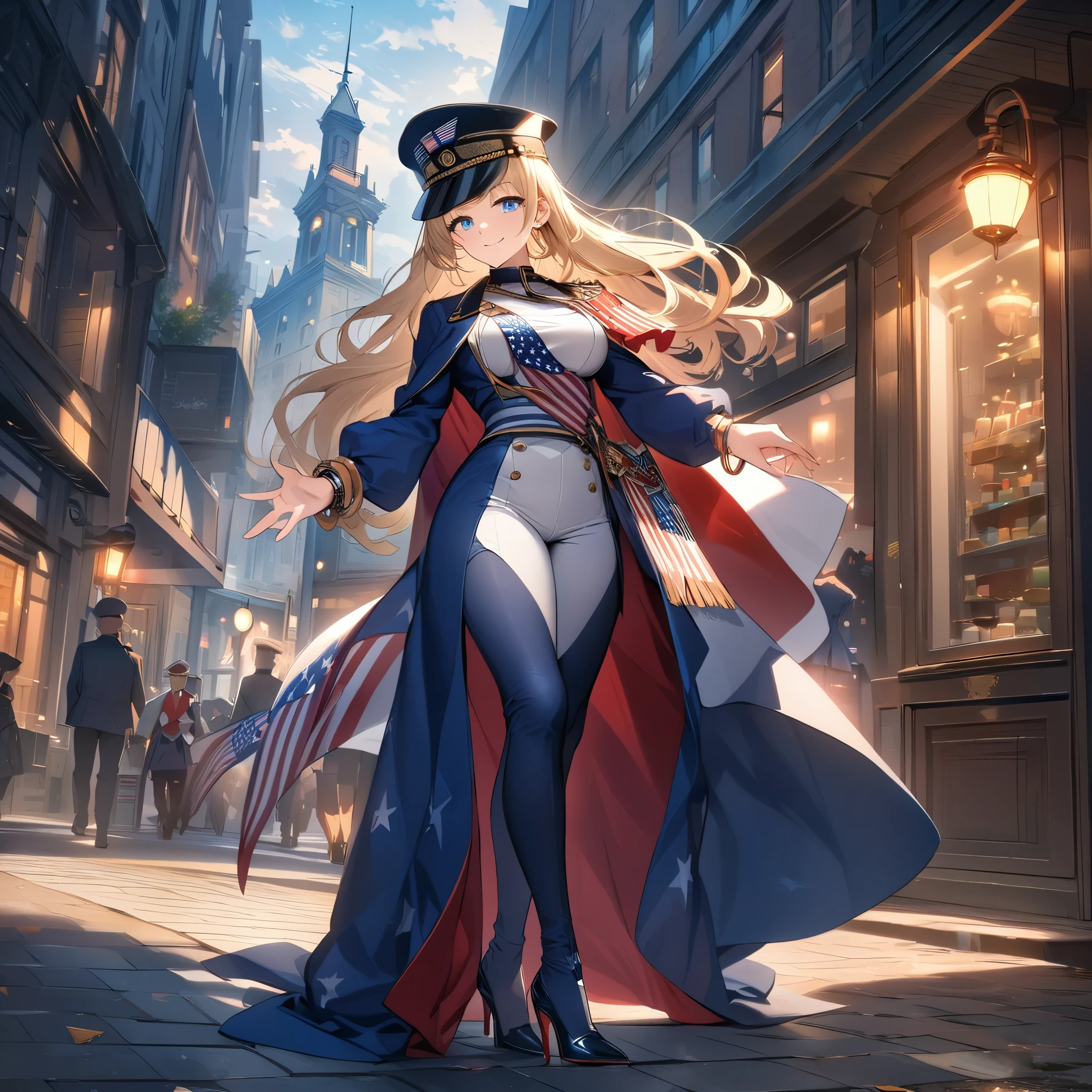 A woman wearing a navy blue coat as a cape on her back, white shirt inside, large breasts wearing tight pants personalized with the flag of the United States, wearing high heels, long blonde hair, ice blue eyes, smiling, bracelet in the shape of a tower with artillery in hands, military hat with United States colors, full body, walking on the sidewalk of a large city with several buildings in the background, a building with mirrors that reflected the environment, a very detailed trail, lamp post, traffic light, ( alone woman), HDR, ultra resolution, clear, masterpiece, 8K HD