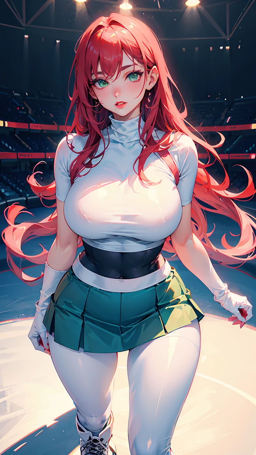 1Woman milf on an ice rink "Giant breasts" + "large rear" + "tall"+ "wide hips" + " tiny waist" + "plump thighs" + "green eyes"+ " Long cherry color Hair" +"Red Lips" + "Lucious Lips"”) outfit: (Tight pants with skirt, white ice skates, white tight top)