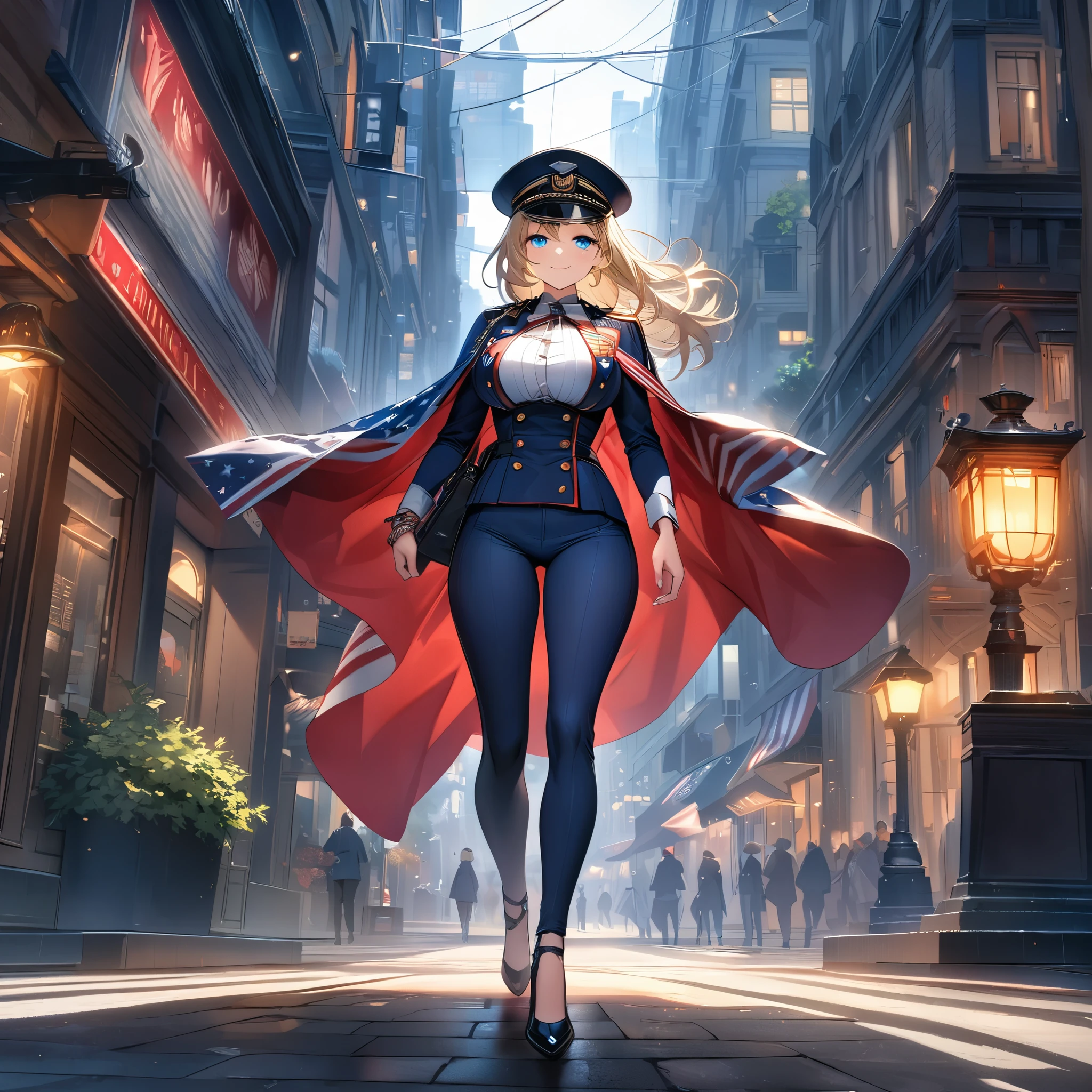 A woman wearing a navy blue coat as a cape on her back, white shirt inside, large breasts wearing tight pants personalized with the flag of the United States, wearing high heels, long blonde hair, ice blue eyes, smiling, bracelet in the shape of a tower with artillery in hands, military hat with United States colors, full body, walking on the sidewalk of a large city with several buildings in the background, a building with mirrors that reflected the environment, a very detailed trail, lamp post, traffic light, ( alone woman), HDR, ultra resolution, clear, masterpiece, 8K HD