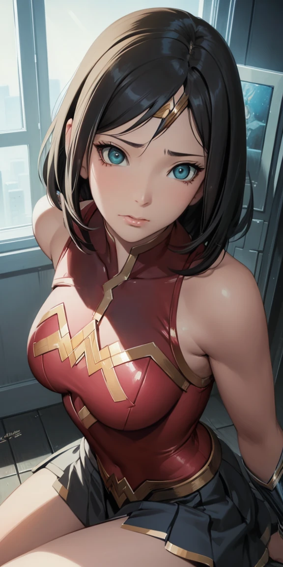 Portrait of {Wonder Woman (Black Hair Medium Pout Haircut)}, Action {Lying Down, Skirt lift bottom pov | Goofy Ai}, soft and smooth skin, big dreamy eyes, big , swollen vageautiful intricate, symmetrical hair, wide anime eyes, soft lighting, detailed face, by makoto shinkai, stanley artgerm lau, wlop, rossdraws, art conceptual, digital painting, looking at camera