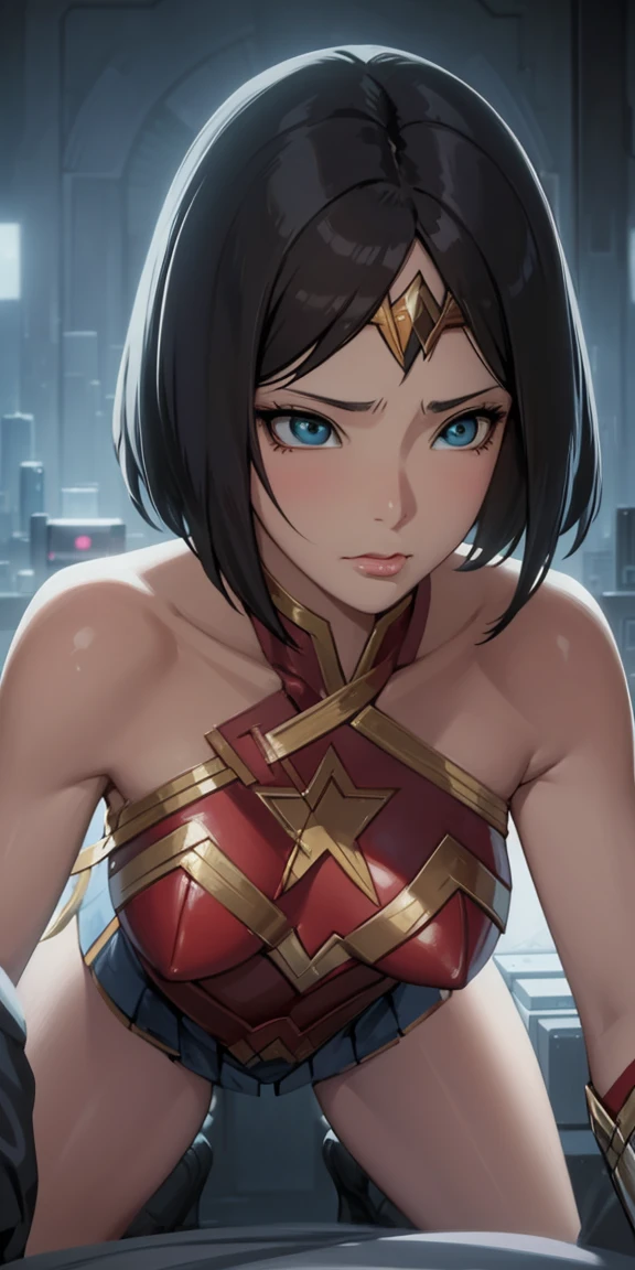 Portrait of {Wonder Woman (Black Hair Medium Pout Haircut)}, Action {Lying Down, Skirt lift bottom pov | Goofy Ai}, soft and smooth skin, big dreamy eyes, big ass, swollen vagina, beautiful intricate, symmetrical hair, wide anime eyes, soft lighting, detailed face, by makoto shinkai, stanley artgerm lau, wlop, rossdraws, art conceptual, digital painting, looking at camera
