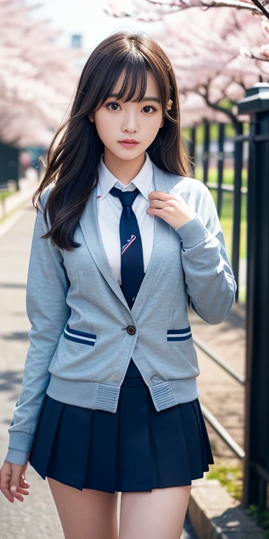 (16k, Raw photo, best image quality, masterpiece: 1.45), (realistic, Photoreal: 1.37), one girl, cute, cityscape,, professional lighting, photon mapping, school classroom, Physically based rendering, dark brown hair,ponytail hairstyle, well-groomed and beautiful eyes、((double eyelid))、super cute girl, (((school uniform、blazer、Long-sleeved shirts worn by Japanese high school girls、ribbon tie、navy blue mini skirt,、dark blue socks、black loafers))), highest quality photos, High resolution, 1080p, (clean face), (Detailed facial description), (Detailed explanation of hand masterpiece), (Detailed CG)、extreme light and shadow、messy hair、master work、Rich details、(detailed facial features)、(Highest quality optical aceter strips)、(detailed eye)、look in front of you、thin clavicle、((Thin and large))、(((Japanese female students wear jackets and long-sleeved shirts)))、((neat idol))、((school gate、schoolyard、Against the background of cherry blossom trees))、(Take photos from random viewpoints)、(((anyway that&#39;s cute)))、earrings、big smile、Draw the whole body from the knees、Don&#39;t draw thin lines、(((Sports bags loved by Japanese female students)))、(Big big breasts with big drooping:1.2)、big and firm butt、upper arm、two legs、(((from the front:0.3)))、bare hands、(((symmetrical eyes)))、standing pose、Do not remove the jacket tie、raise your butt:1.5