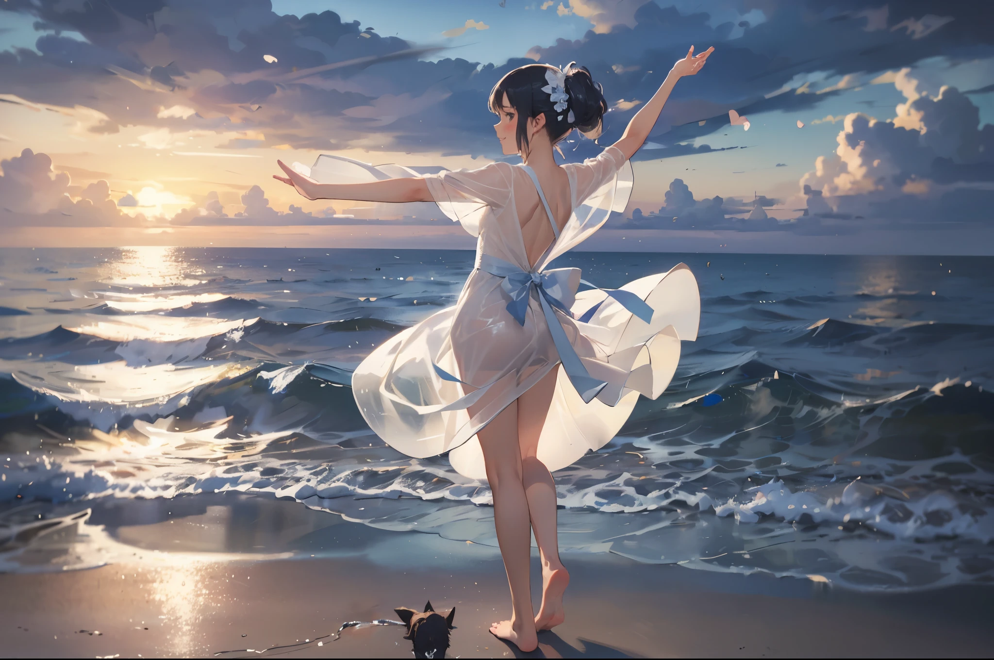 Anime girl standing on the beach with her arms outstretched - SeaArt AI