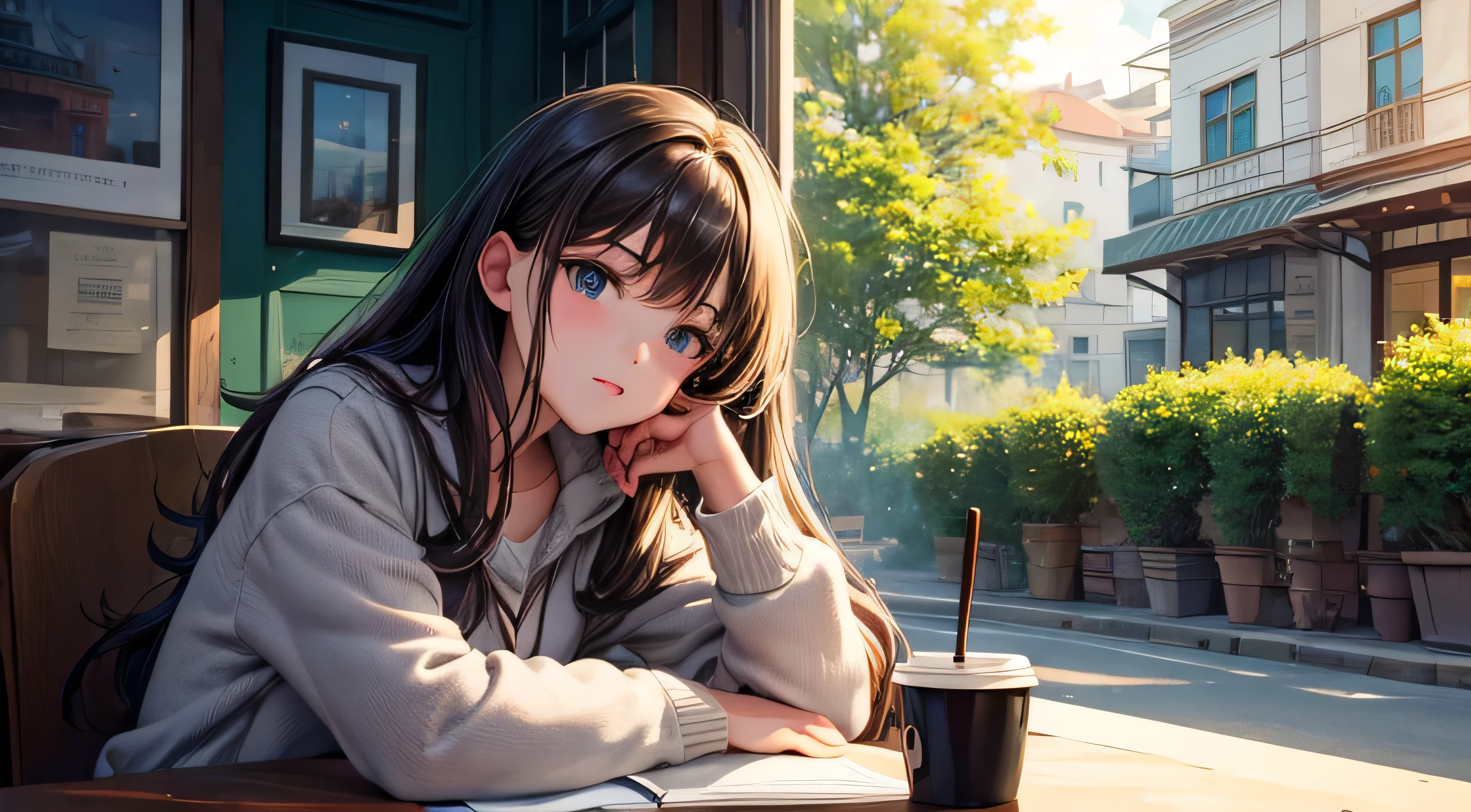 (masterpiece), highest quality, Expressive eyes, Perfect Face, Girl studying rofi,coffee, Study pose, A peaceful streetscape of fresh greenery outside the window, Cozy interior, Vibrant colors, whole body