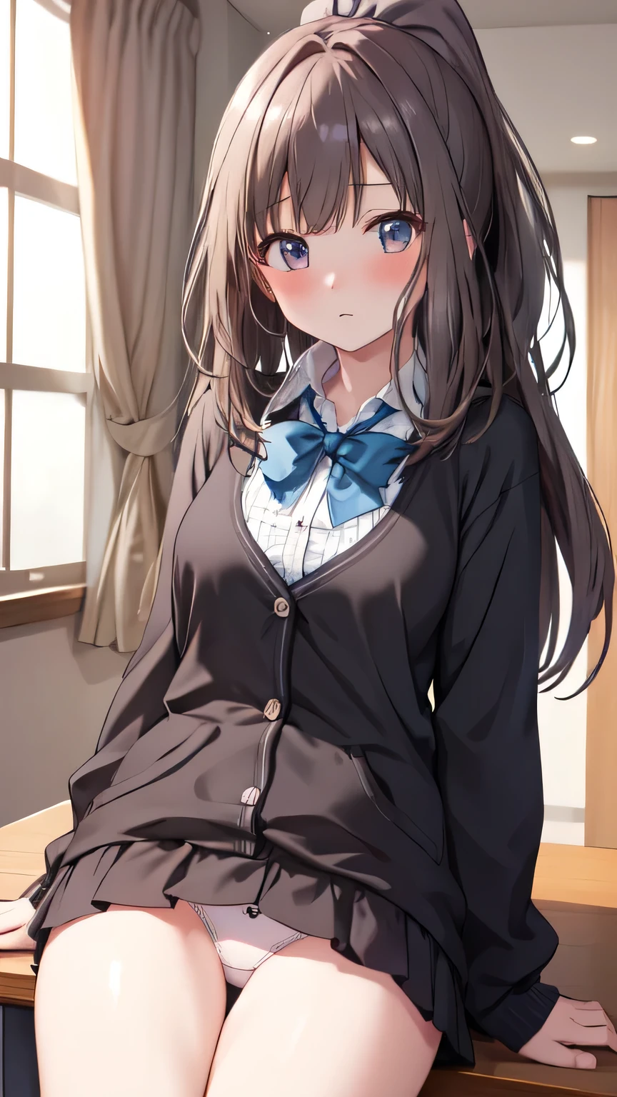 Very detailed、(8k, RAW Photos, highest quality, masterpiece:1.2), (Very detailed 8k wallpaper),shape、Professional Lighting,Sharp focus, Written boundary depth、
Browsing Caution、Clear Eyes、Perfect Anatomy、With a girl、、High Ponytail、、、(blush:1.3), 、 School,,White collar shirt、bow tie 、Micro Mini Skirt,、imminent kiss,Plump thighs、Lying on your back、Leg spread、(White panties:1.2)