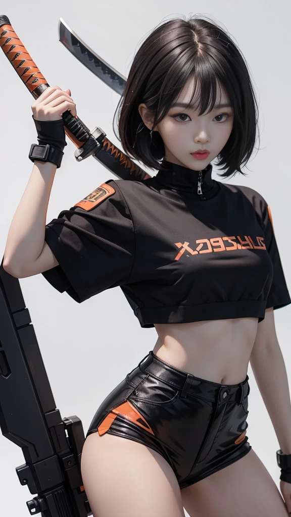 An 18 year old Korean age girl, Douyin, wears cool cyberpunk style clothes in variations of black and orange, poses sexyle carrying a katana, on a white background.