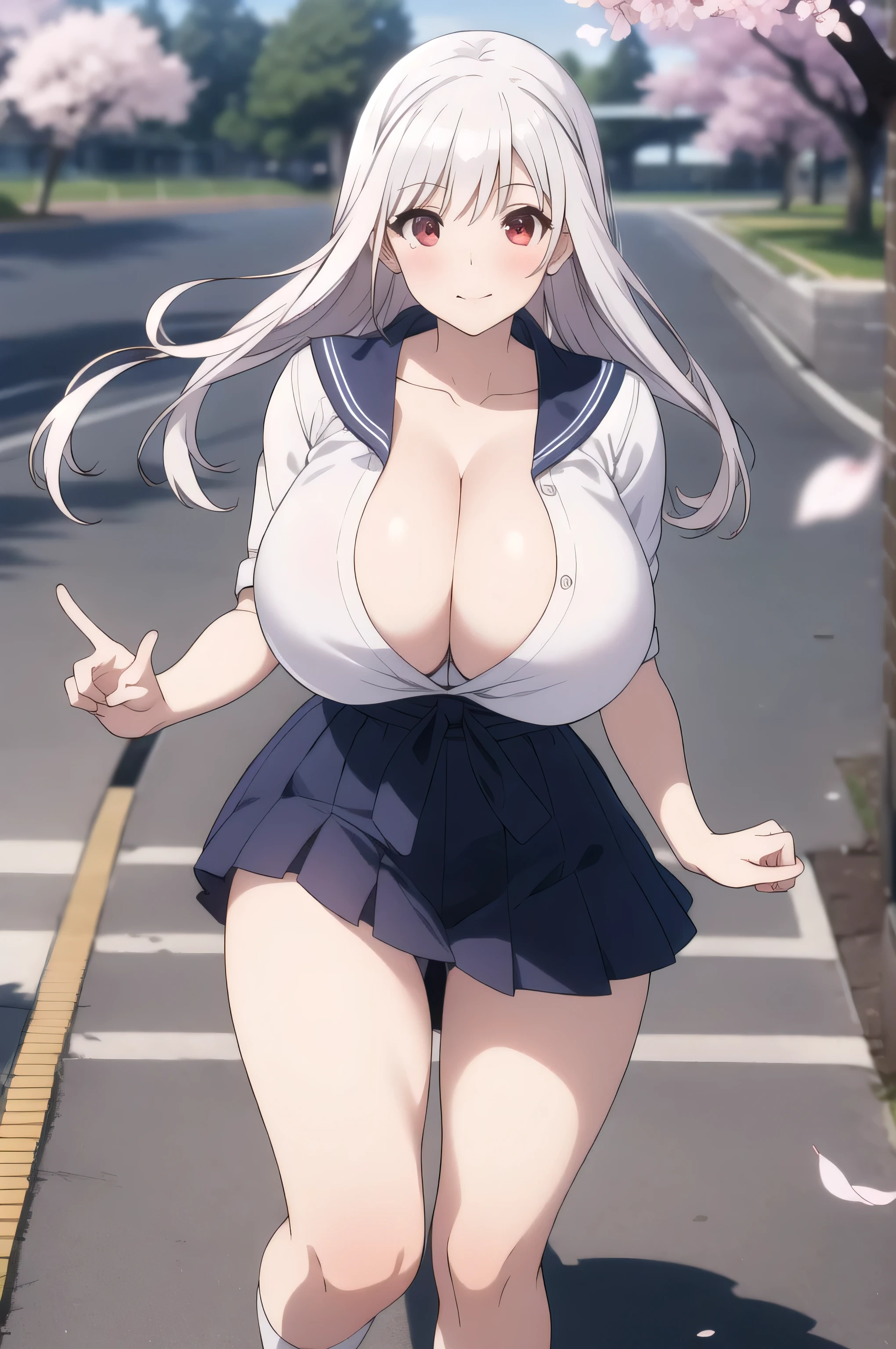 (masterpiece, highest quality, Very detailed, 16k high definition anime, Anatomically perfect body),(yuna_yunohana), 1girl,One girl、Perfect Face、Cute face、Beautiful Face、smile、Beautifully detailed eyes、A little droopy、Red eyes、Silver Hair、Long Hair、(Huge breasts:1.5)、Beautiful cleavage、(sailor suit top、Short length), Beautiful cleavage、 Sometimes her bra peeks out、(Sailor skirt), Occasionally panties are exposed、Smooth body lines、Wide hips:1.4、Big Ass:1.5、High Body、Beautiful long legs、(Flying with bent knees、Round your waist)、Joy Pose、View your viewers、(Cherry blossom park background、under the cherry tree、SakuraFubuki )、Above-the-knee photos、