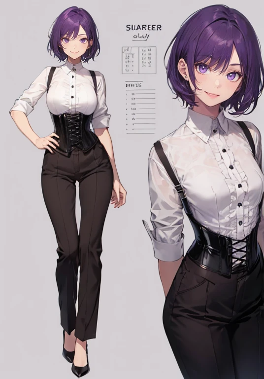 Purple hair,short cut hair,Adult female,Bartender,,((Rolling up your sleeves shirt)),(Corset),(slacks),(slit),High heels,((Simple background)),Smile,((Full body)),((whole body)),Character Sheet,