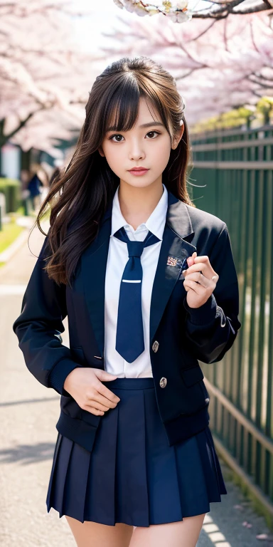 (16k, Raw photo, best image quality, masterpiece: 1.45), (realistic, Photoreal: 1.37), one girl, cute, cityscape,, professional lighting, photon mapping, school classroom, Physically based rendering, dark brown hair,ponytail hairstyle, well-groomed and beautiful eyes、((double eyelid))、super cute girl, (((school uniform、blazer、Long-sleeved shirts worn by Japanese high school girls、ribbon tie、navy blue mini skirt,、dark blue socks、black loafers))), highest quality photos, High resolution, 1080p, (clean face), (Detailed facial description), (Detailed explanation of hand masterpiece), (Detailed CG)、extreme light and shadow、messy hair、master work、Rich details、(detailed facial features)、(Highest quality optical aceter strips)、(detailed eye)、look in front of you、thin clavicle、((Thin and large))、(((Japanese female students wear jackets and long-sleeved shirts)))、((neat idol))、((school gate、schoolyard、Against the background of cherry blossom trees))、(Take photos from random viewpoints)、(((anyway that&#39;s cute)))、earrings、big smile、Draw the whole body from the knees、Don&#39;t draw thin lines、(((Sports bags loved by Japanese female students)))、(Big big breasts with big drooping:1.2)、big and firm butt、upper arm、two legs、(((from the front:0.3)))、bare hands、(((symmetrical eyes)))、standing pose、Do not remove the jacket tie、raise your butt:1.5