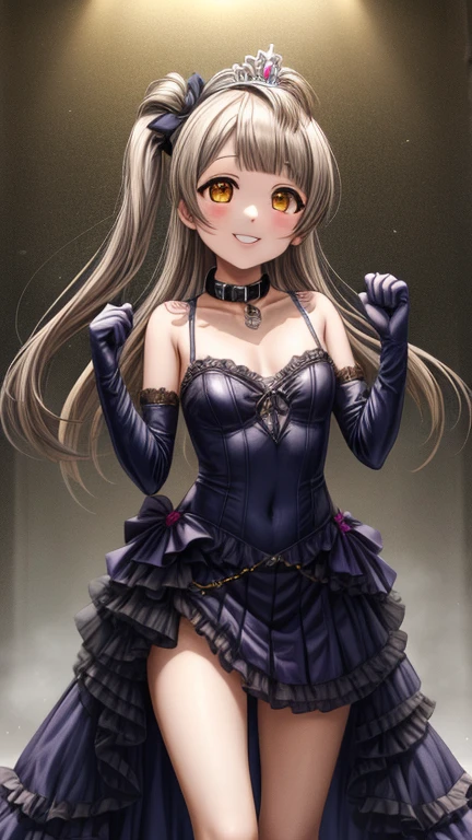 Obra maestra, mejor calidad,minami kotori, sonrisa, golpes, Falda, guantes, blanco_Fondo, ombligo, joyas, corto_mangas, volantes, gargantilla, diafragma, blanco_guantes, collar, tiara, mano_en_propio_rostro, mano_en_propio_mejilla,