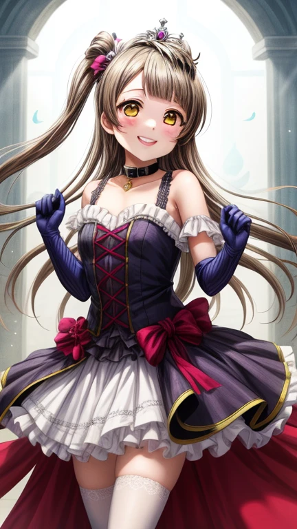 Obra maestra, mejor calidad,minami kotori, sonrisa, golpes, Falda, guantes, blanco_Fondo, ombligo, joyas, corto_mangas, volantes, gargantilla, diafragma, blanco_guantes, collar, tiara, mano_en_propio_rostro, mano_en_propio_mejilla,
