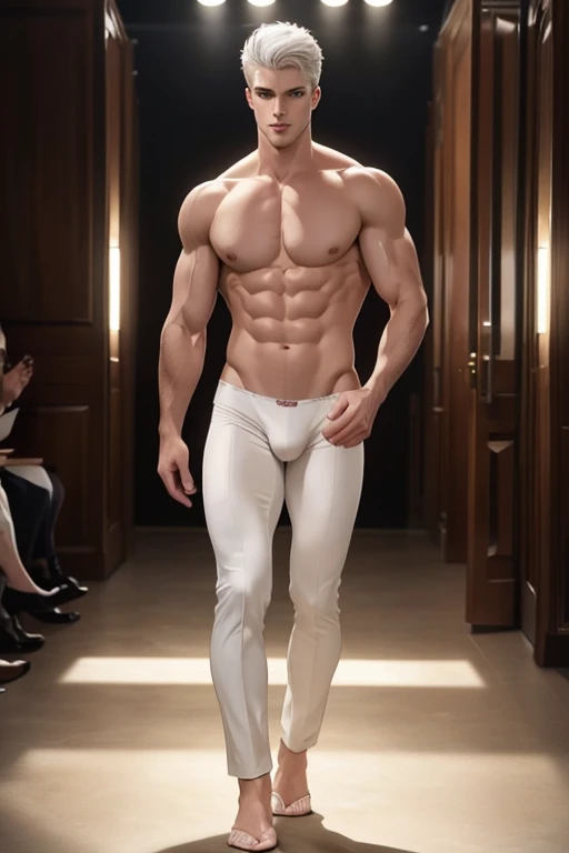 Full body photorealistic 4k, high resolution, best quality, masterpiece, perfect color, perfect shade, perfect lighting, Posted by e621, ((portrait)), ((handsome man)), perfect male figure, Short hair details,chest muscles,abdominal muscles,Naked torso,nudeness Detailed face, perfect face, (stood up), Detailed background, ((Bonifasco Lighting)), (delicate eyes)),white hair. Beige underwear thong, super bulge.on the runway for fashion show