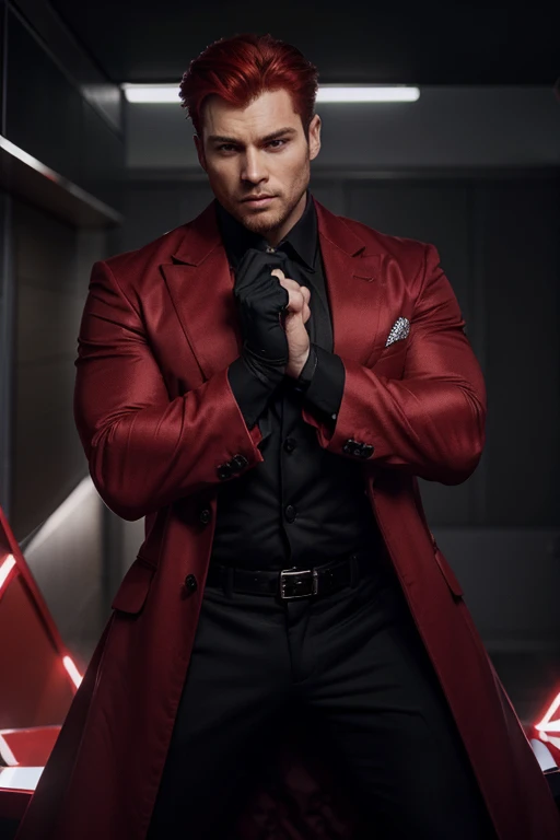 Crie um homem forte bonito com um diamante vermelho no peito, stylish red haired strong muscular superhero with scarlet diamond powers wearing a black dress shirt and a scarlet red overcoat