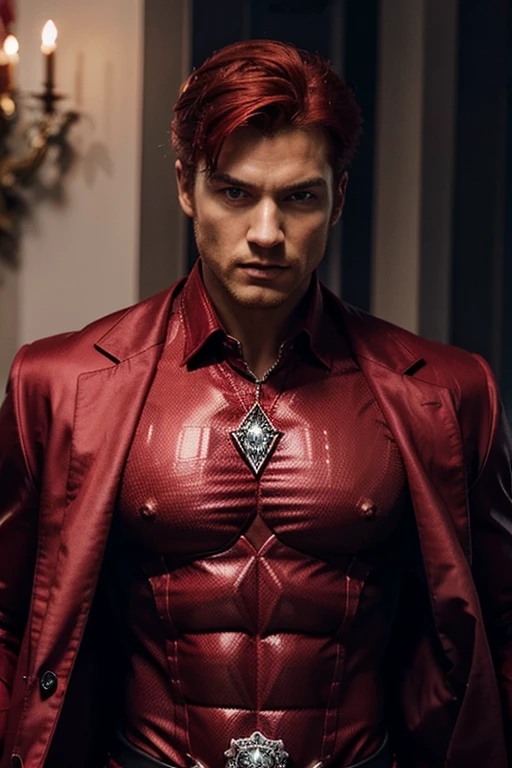 Crie um homem forte bonito com um diamante vermelho no peito, stylish red haired strong muscular superhero with scarlet diamond powers wearing a black dress shirt and a scarlet red overcoat