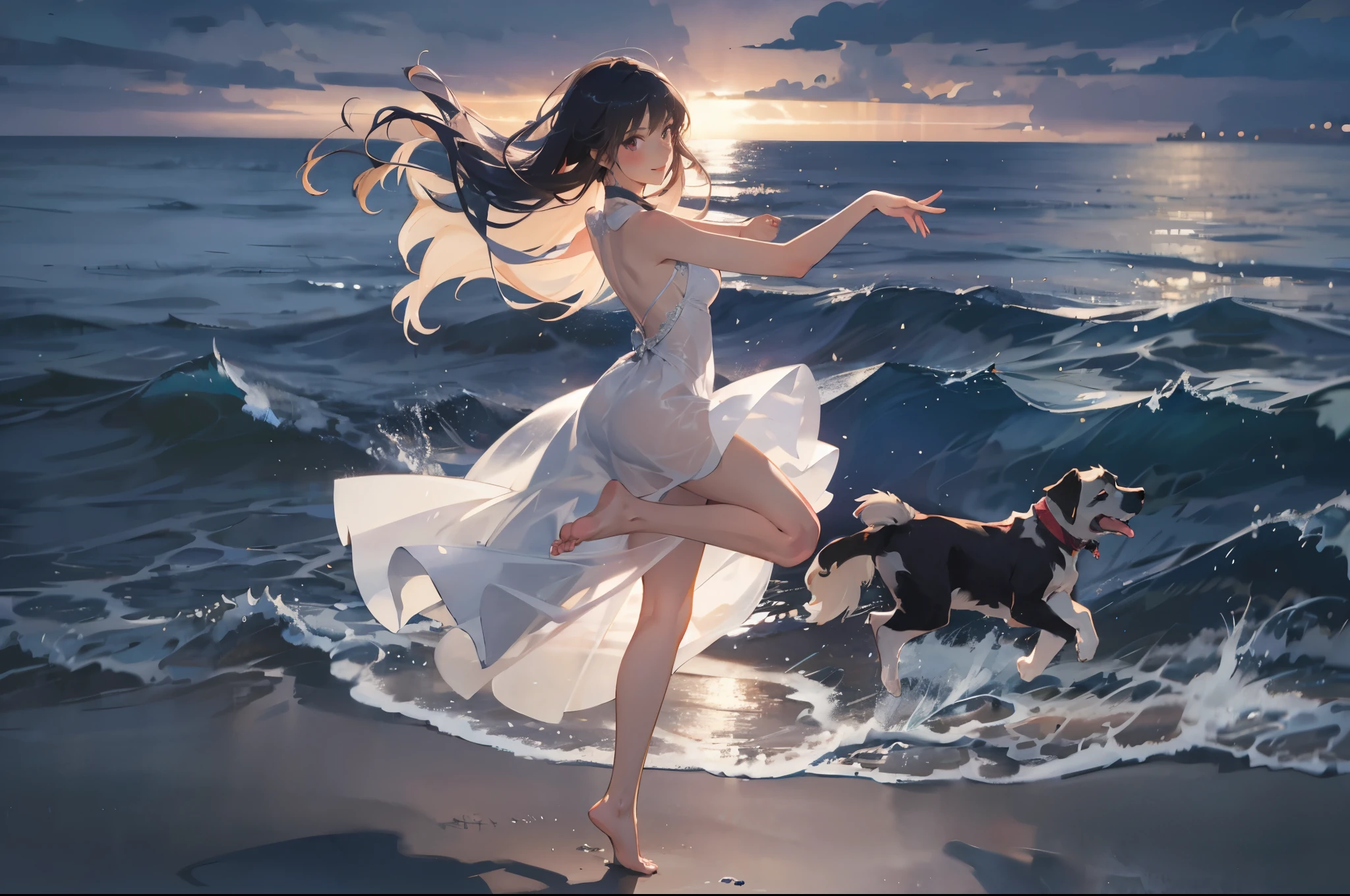 (super flat, flat shading), Honors Type, Really blushing, , a girl in a see-through white dress, bare foots, smile, in dress, cute waifu in a nice dress, my dress up darling, pretty girl, young girl, beautiful girl, by the calm sea, dramatic lighting, dancing with dog,
