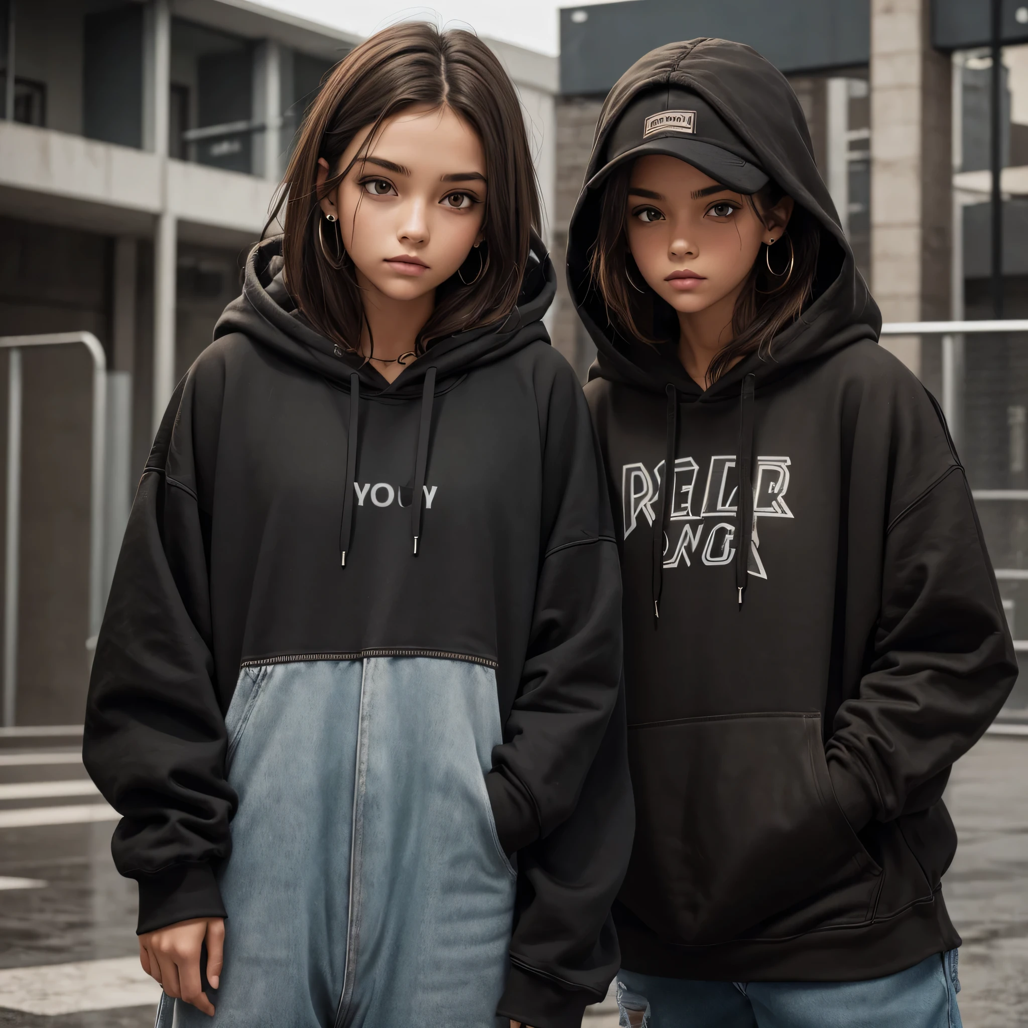 create a blank mock up for a faded black washed hoodie, retro baggy, 90s look, brown hair, with a dark theme, beautiful female thin face, piercings on face, loose fit, baggy, pretty eyes, absolutely blank hoodie, skate park in background, rain