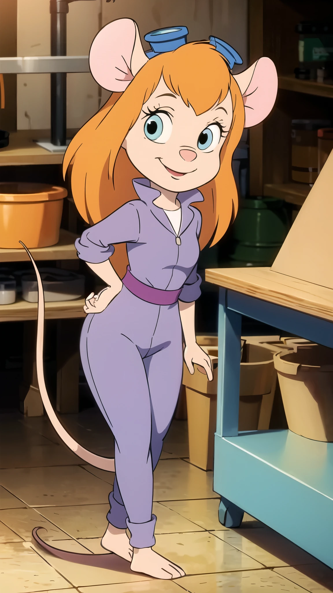 CARTOON_gadget_hackwrench mouse, mouse girl, orange hair, jumpsuit, goggles on head, bare feet, animal feet, smiling, long mouse tail, workshop background, work bench