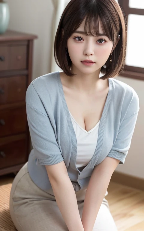 masterpiece, highest quality, 8k, 20th Generation, Large Breasts, cute, alone, sad,cute、lonely、 cute, Girlish, Delicate girl, Pure beauty,  RAW Photos, Professional photography, Head to knee photo、, Soft Light, Professional Lighting, Backlight, Upper Body, avert your eyes, Sophisticated, Film Grain, (Eyes and facial details:1.0), Short floating hair, Beautiful, flowing hair, bangs, T-shirt and greyish blue cardigan、(Large Breasts:1.0)、Saggy breasts、You can see a little bit of the chest、Voluptuous thighs