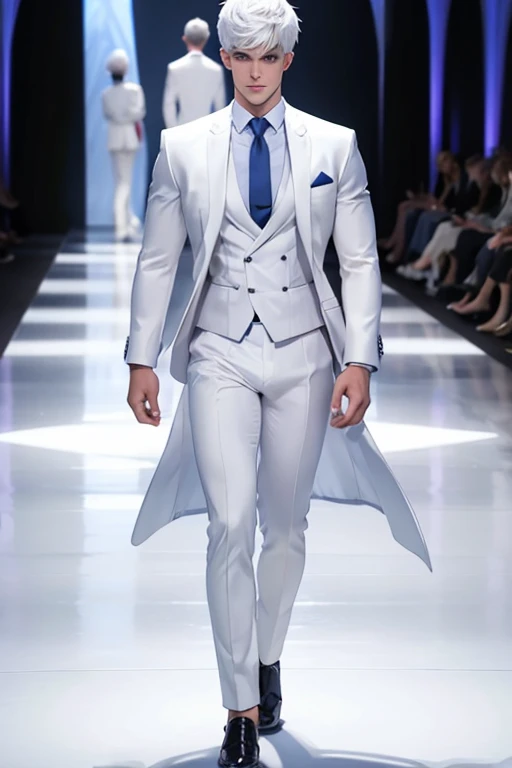 Full Body photorealistic handsome Hunky Jack Frost. Wearing white suit. model walking in the runway for fashion show super massive bulge