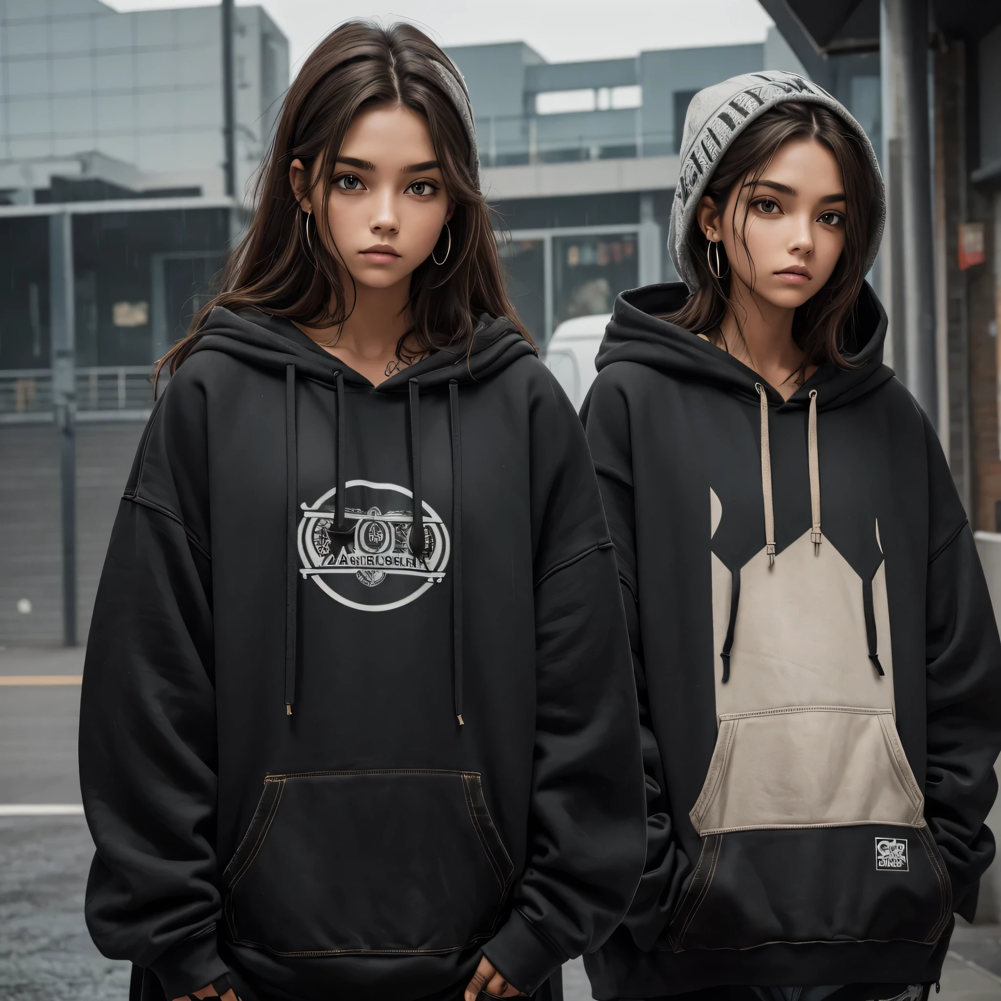create a blank mock up for a faded black washed hoodie, retro baggy, 90s look, brown hair, with a dark theme,  beautiful female thin face, piercings on face, loose fit, baggy, pretty eyes, absolutely blank hoodie, skate park in background, rain 