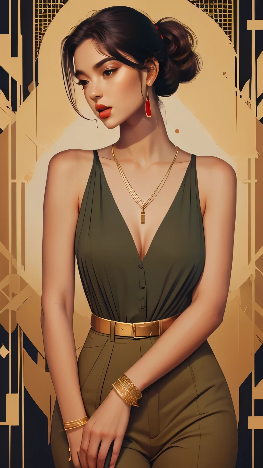 ((line art)), a beautiful, Mexican, polish and French, female model, olive skin ,hazel eyes, tight pony tail, sleeveless blouse and black fitted dress pants, diamond earrings, gold bracelets, gold thin necklace, beautiful skin, beautiful body, athletic body,