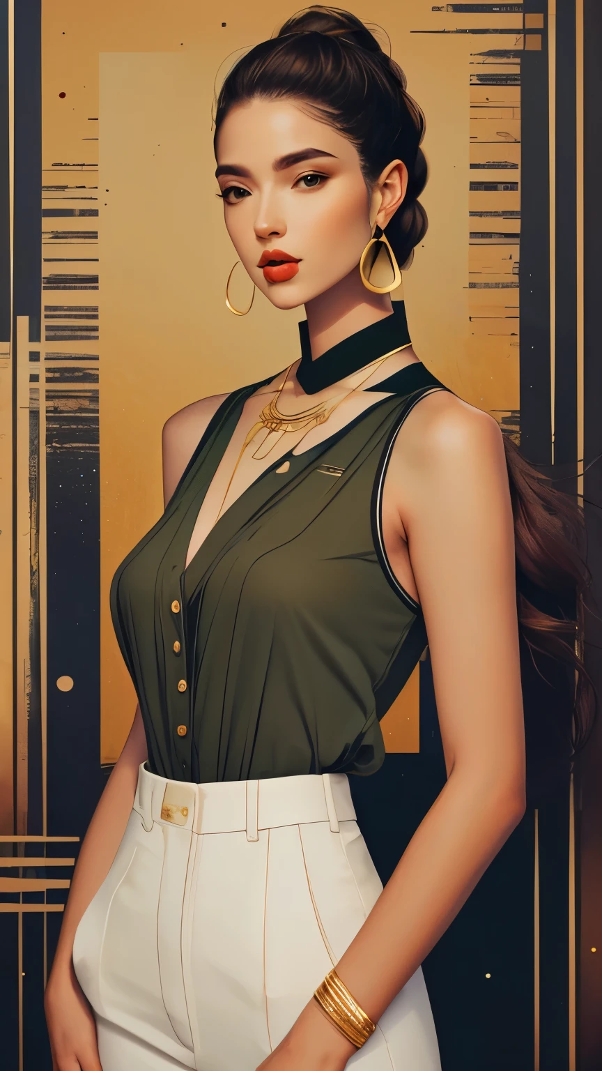 ((line art)), a beautiful, Mexican, polish and French, female model, olive skin ,hazel eyes, tight pony tail, sleeveless blouse and black fitted dress pants, diamond earrings, gold bracelets, gold thin necklace, beautiful skin, beautiful body, athletic body,