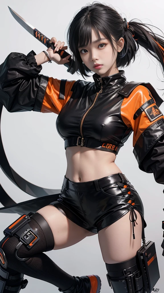 An 18 year old Korean teenage girl, make-up douyin, wears cool cyberpunk style clothes in variations of black and orange, poses sexy while carrying a katana, on a white background.