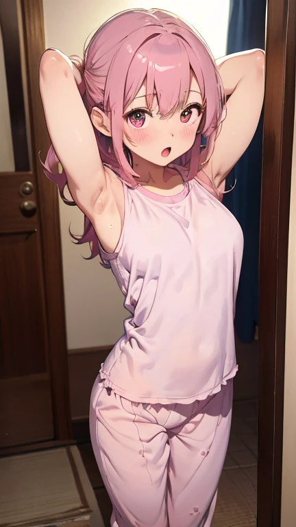 masterpiece、highest quality、Very detailed、Photograph the upper body、1 female、(Put your arms behind your back:1.4)、Are standing、Turn your body forward、View your viewers、(pajamas)、break,blush、shy、Pink Hair、Open your mouth、room、Big Breasts、