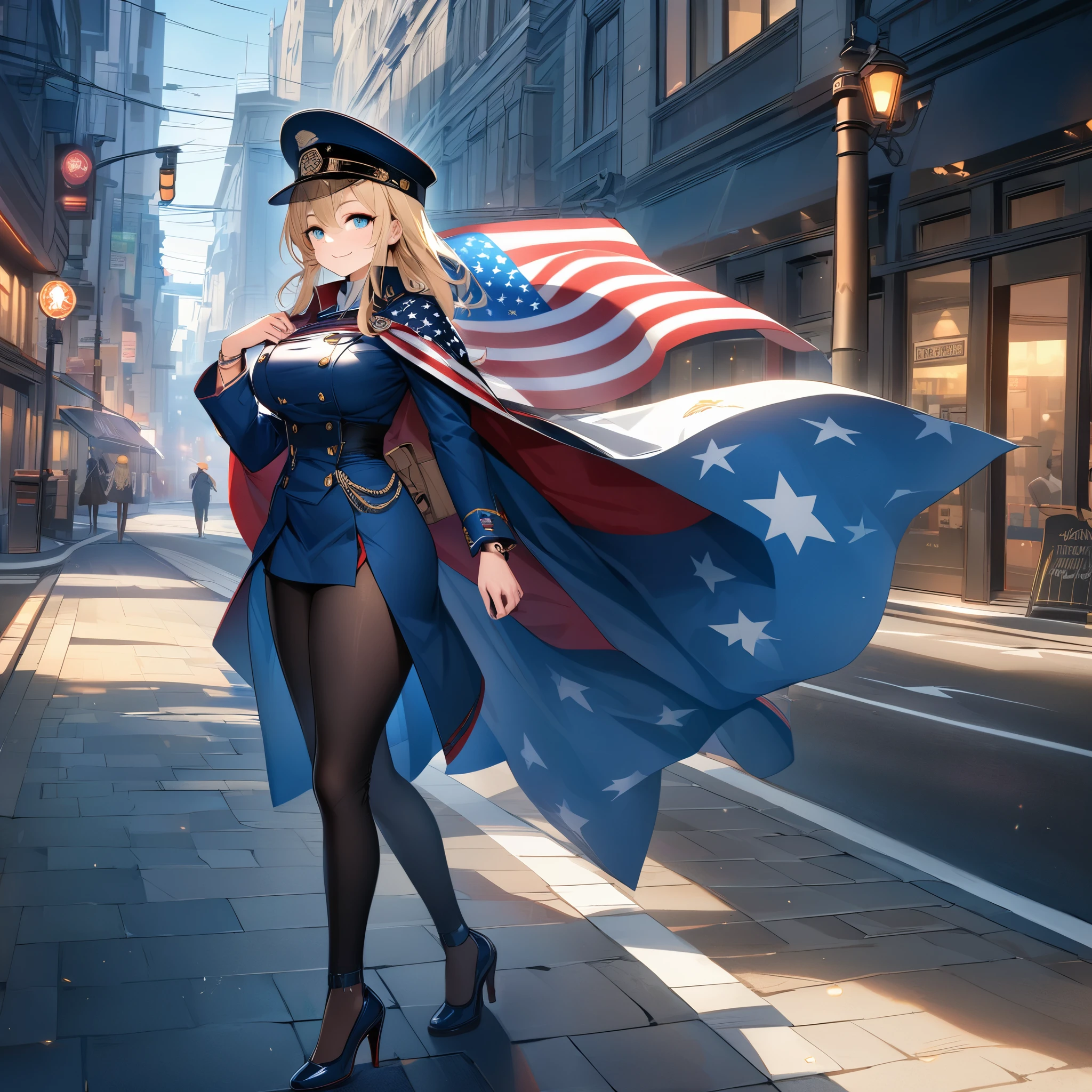 A woman wearing a navy blue coat as a cape on her back, white shirt inside, large breasts wearing tight pants personalized with the flag of the United States, wearing high heels, long blonde hair, ice blue eyes, smiling, bracelet in the shape of a tower with artillery in hands, military hat with United States colors, full body, walking on the sidewalk of a large city with several buildings in the background, a building with mirrors that reflected the environment, a very detailed trail, lamp post, traffic light, ( alone woman), HDR, ultra resolution, clear, masterpiece, 8K HD
