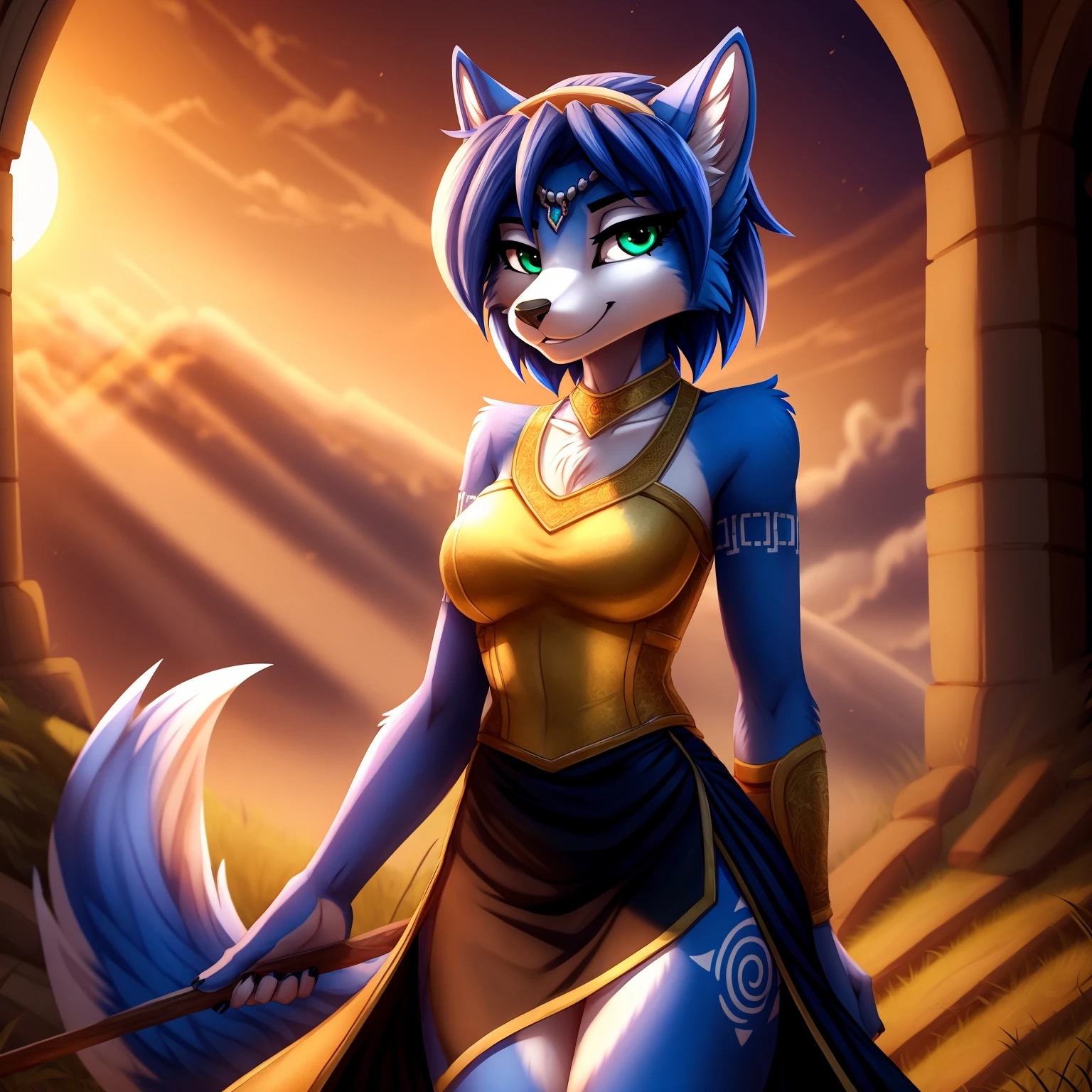 By zinfyuu on pixiv,by twistedscarlet60, uploaded on pixiv, by fluff-kevlar, (masterpiece), (best quality), (anthro furry:1.3, snout:1.2, anthro:1.3, furry:1.2, solo female:1.2), (extremely detailed:1.3), (Detailed eye part: White lens, green iris,black cornea), tall, slim body, sweet smile, wear Black tshirt and long skirt, krystal