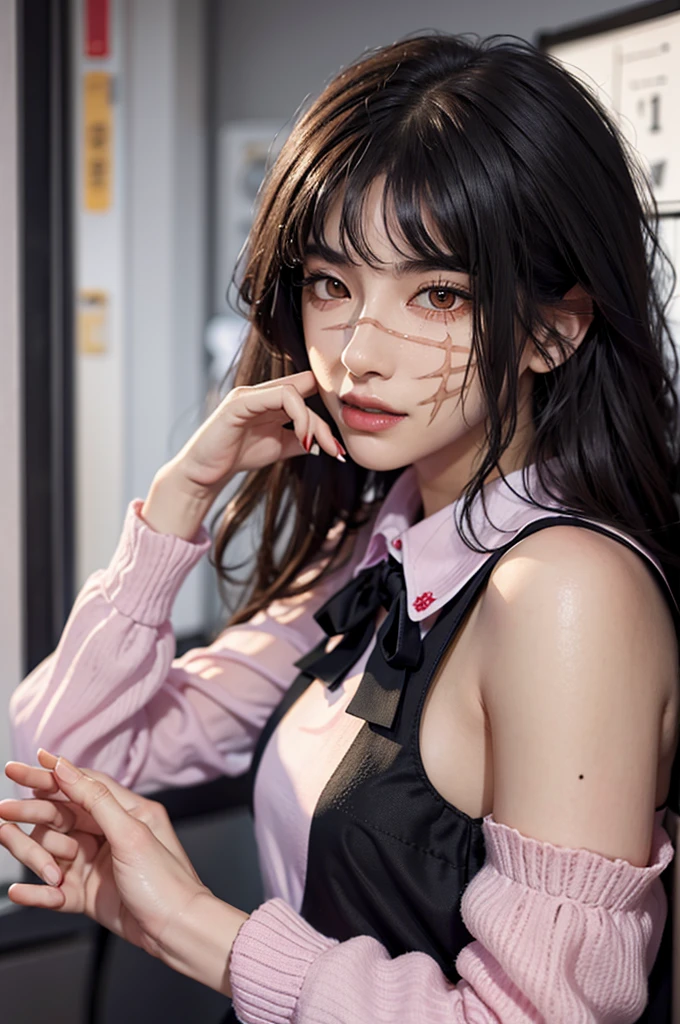 (hyper-realistic), (illustration), (high resolution), (8K), (extremely detailed), (best illustration), Yoru ( Chainsaw Man ), (beautiful detailed eyes), (best quality), (ultra-detailed), (masterpiece), (wallpaper), (detailed face), solo, upper body, focus on face, 1 girl, long black hair, Korean, thin eyeshadow, well-detailed eyes, brown eyes, small moles under the eyes, long sleeve shirt, neck bow, small breasts, pinafore dress, dynamic pose, low lighting, classroom, night, dark