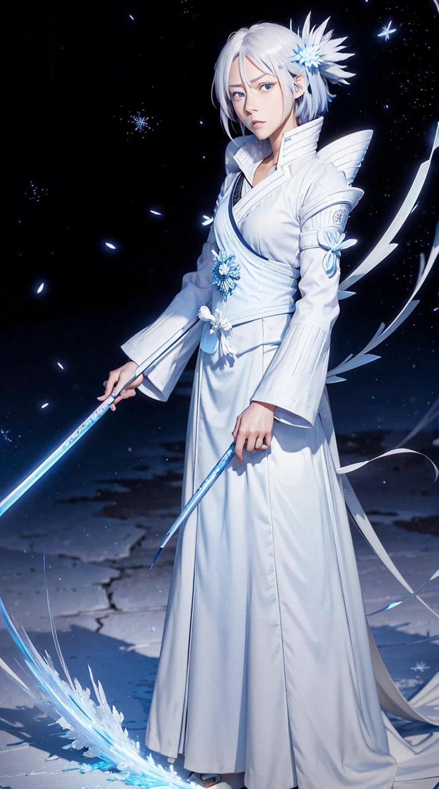 A digital art of Rukia Kuchiki, Bankai form(Hakka no Togame), from anime Bleach, standing, Full body, white hair, light blue eyes, frozen katana, ice particles, snowflakes, hyper detailed, hyper realistic, look at the the viewer, 4k, wide depth of field, radiant mapping, high dynamic range, masterpiece.