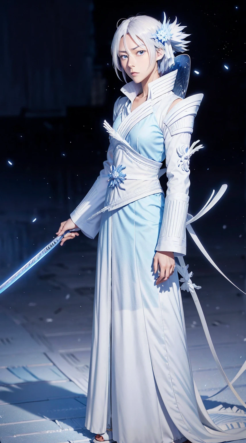 A digital art of Rukia Kuchiki, Bankai form(Hakka no Togame), from anime Bleach, standing, Full body, white hair, light blue eyes, frozen katana, ice particles, snowflakes, hyper detailed, hyper realistic, look at the the viewer, 4k, wide depth of field, radiant mapping, high dynamic range, masterpiece.