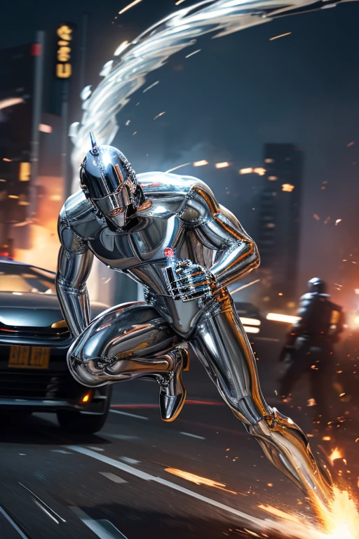 best quality, movie scene, handsome, expressionless, blonde regent, Los Angeles police officer, (chrome plated, liquid metal:1.4), background (explosive flame, motion-blur, action-lines, speed-lines:1.3)