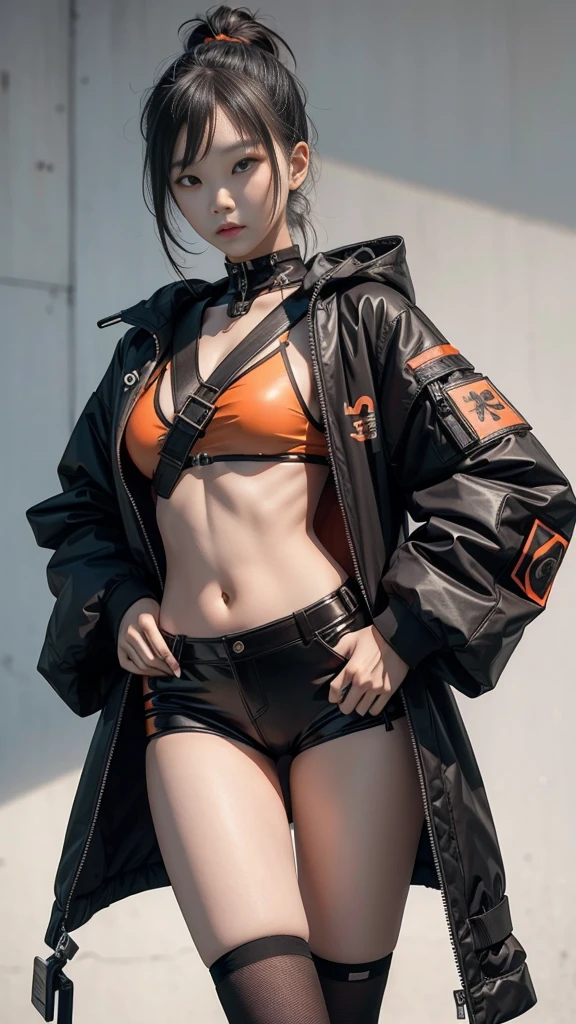 An 18 year old Korean teenage girl, make-up douyin, wears cool cyberpunk style clothes in variations of black and orange, poses sexy naked while carrying a katana, on a white background.