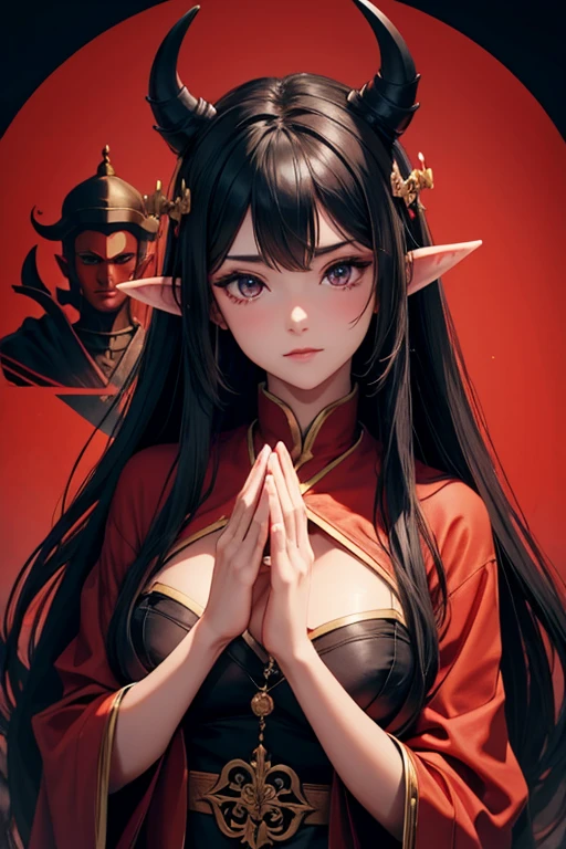 Dark elf woman in oriental red robes prays to the icon of the Three Gods