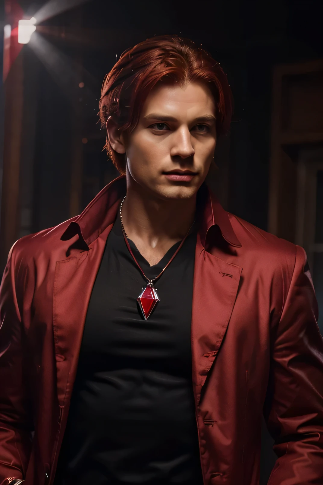 Create a cute strong super hero with a red diamond on his chest, de 30 s, red haired strong superhero with scarlet diamond powers wearing a black dress shirt and a scarlet red overcoat with a red crystal necklace