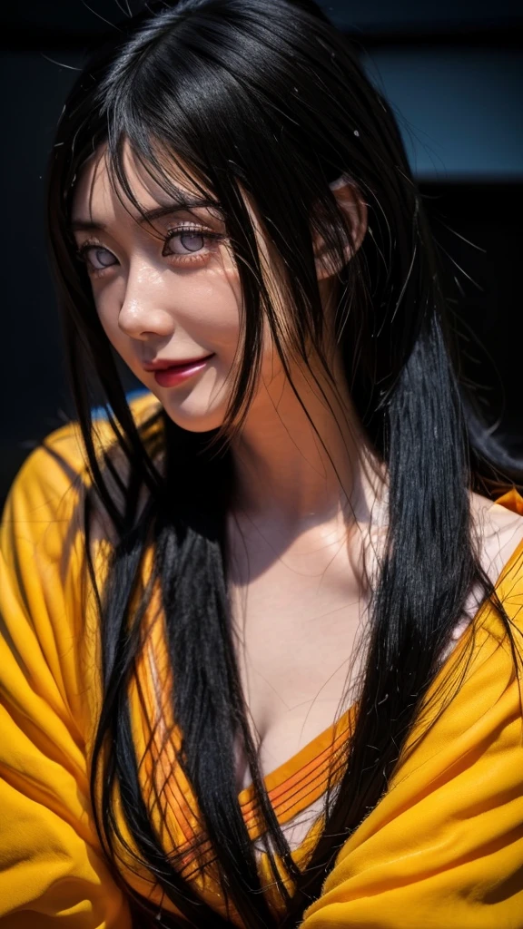 a close up of a person with long hair and a orange clothes, hyuga hanabi, hyuga hanabi from anime naruto shippuden, as an anime character, perfect anime face, she has dark blue hair with bangs, female anime character, anime character, anime best girl, hime cut hairstyle, dark blue hair, (red glossy lips:1.3), byakugan eyes, smile, realistic, ultra detail, city background, (beautiful face:1.3)