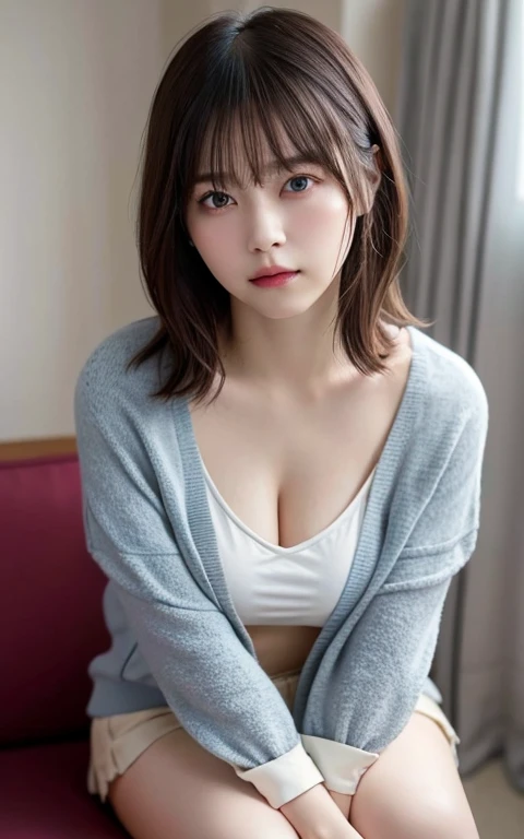masterpiece, highest quality, 8k, 20th Generation, Large Breasts, cute, alone, sad,cute、lonely、 cute, Girlish, Delicate girl, Pure beauty, RAW Photos, Professional photography, Head to knee photo、, Soft Light, Professional Lighting, Backlight, Upper Body, avert your eyes, Sophisticated, Film Grain, (Eyes and facial details:1.0), Short floating hair, Beautiful, flowing hair, bangs, T-shirt and greyish blue cardigan、(Large Breasts:1.0)、Saggy breasts、You can see a little bit of the chest、Voluptuous thighs
