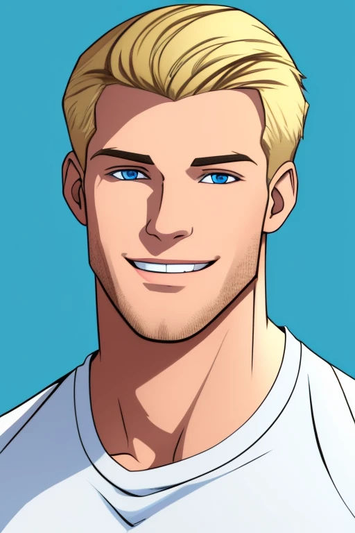 image of a handsome 6'6ft tall Caucasian man, with blonde hair and blue eyes. He has a warm smile. Has a very muscular body, like a strongman. Wearing a white long sleeve tee, black cargo pants, and sneakers. in a cartoon style