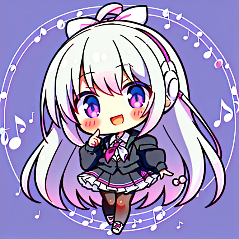 ((white shirt,black standart tie,pink punk hoodie,puffy sleeves,black skirt,white shoes,shoes,athletic sneakers,))，tchibi，1girll，Mouth open，Smile，Rabbit，bow，pointing finger，Soght-Blue eyes，full bodyesbian，blue long hair，(complex musical notes background,musical notes, music background:1.5)，White background，Walls，Blush，bandsgirl，Music，Guitar，headphone，bow ribbon. 