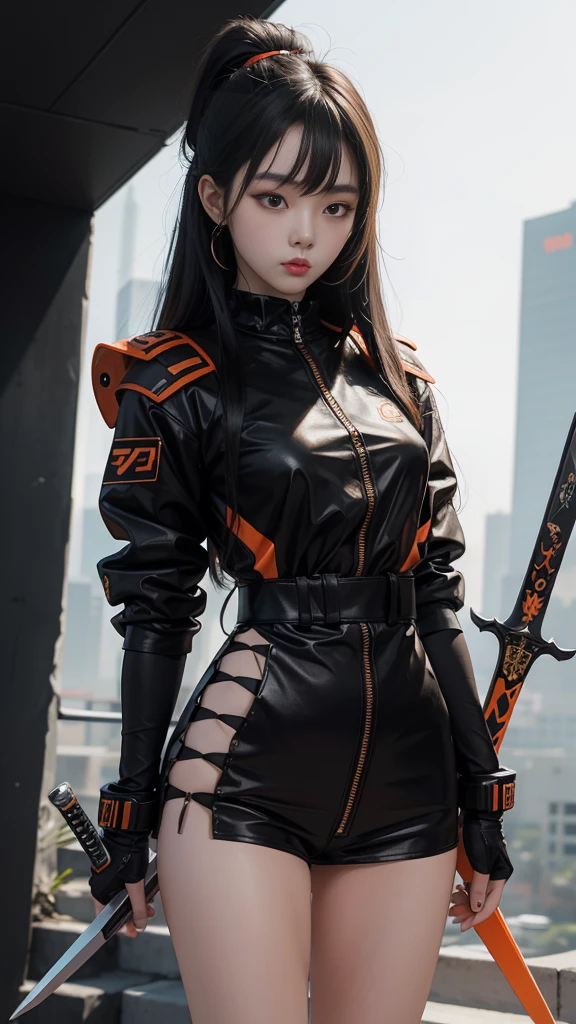 An 18 year old Korean teenage girl, make-up douyin, wears cool cyberpunk style clothes in variations of black and orange, poses sexy while carrying a sword, on a white background.