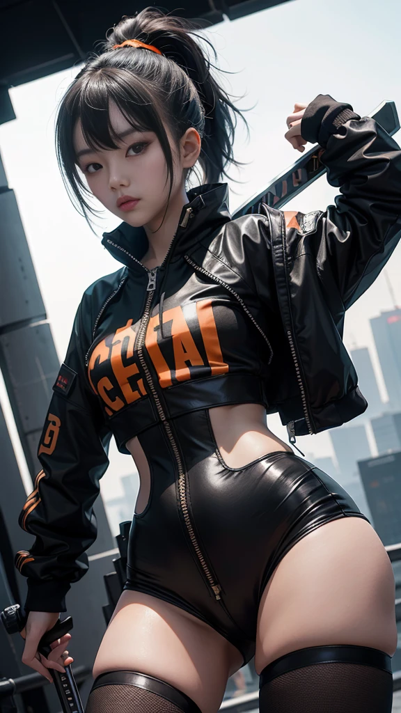 An 18 year old Korean teenage girl, make-up douyin, wears cool cyberpunk style clothes in variations of black and orange, poses sexy while carrying a sword, on a white background.